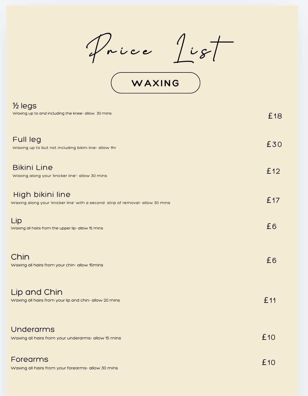 MoB Waxing pricelist